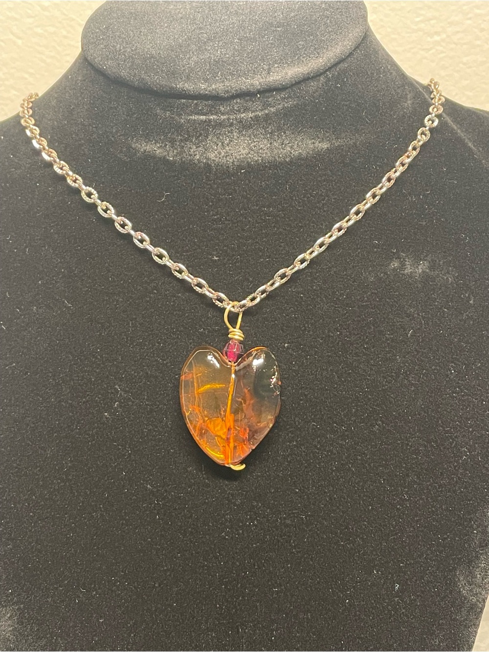 Handcrafted Amber Heart Pendant Necklace - Gold Chain